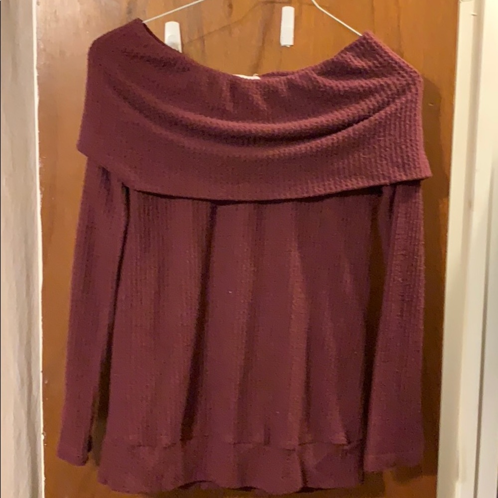 Off the shoulder maroon sweater, super cozy!